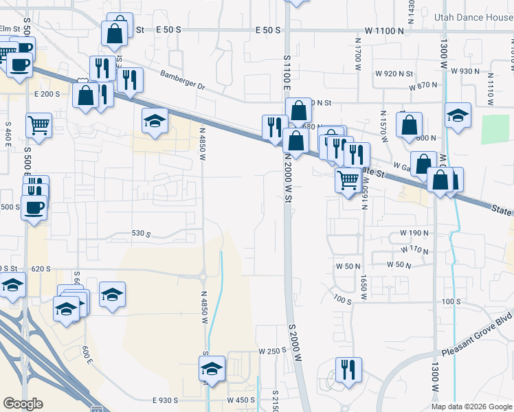 map of restaurants, bars, coffee shops, grocery stores, and more near 426 1040 East in American Fork