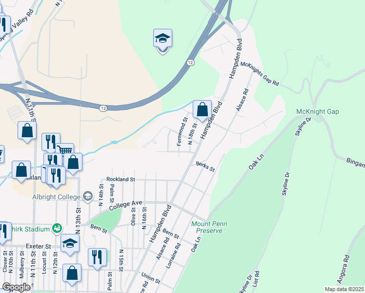 map of restaurants, bars, coffee shops, grocery stores, and more near 2125 Fernwood Street in Reading