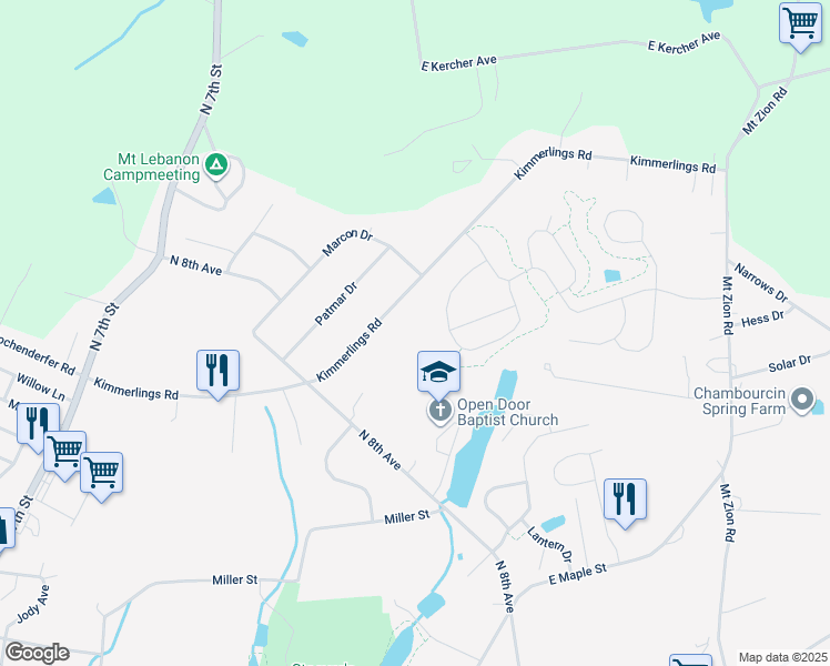 map of restaurants, bars, coffee shops, grocery stores, and more near 836 Kimmerlings Road in Lebanon