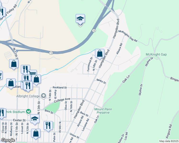 map of restaurants, bars, coffee shops, grocery stores, and more near 2125 Fernwood Street in Reading