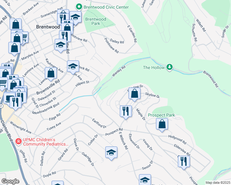 map of restaurants, bars, coffee shops, grocery stores, and more near 1595 Bevan Road in Pittsburgh