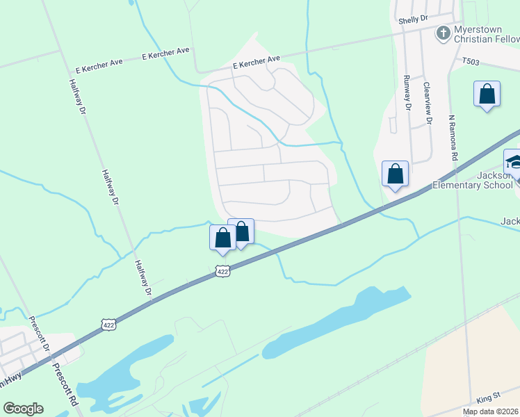 map of restaurants, bars, coffee shops, grocery stores, and more near 23 Greenbriar Drive in Myerstown