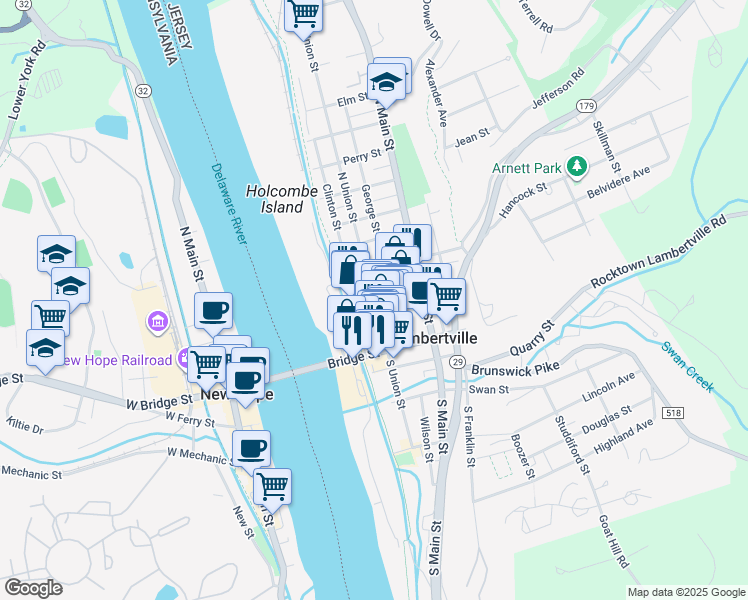 map of restaurants, bars, coffee shops, grocery stores, and more near North Union Street & Coryell Street in Lambertville