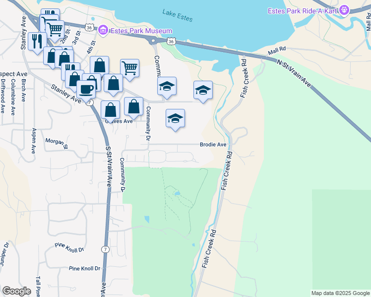 map of restaurants, bars, coffee shops, grocery stores, and more near 1600 Wapiti Circle in Estes Park