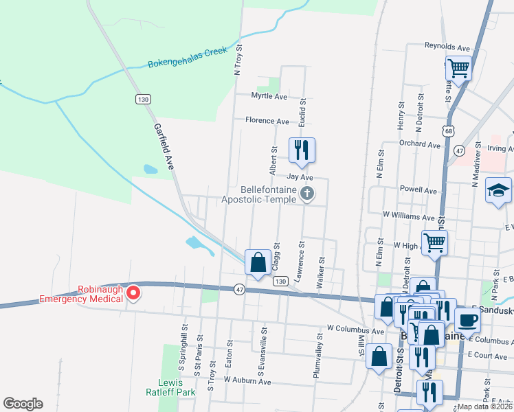 map of restaurants, bars, coffee shops, grocery stores, and more near 732 West Williams Avenue in Bellefontaine