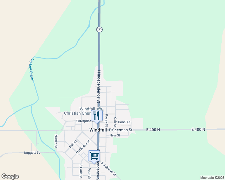 map of restaurants, bars, coffee shops, grocery stores, and more near 609 Posey Street in Windfall