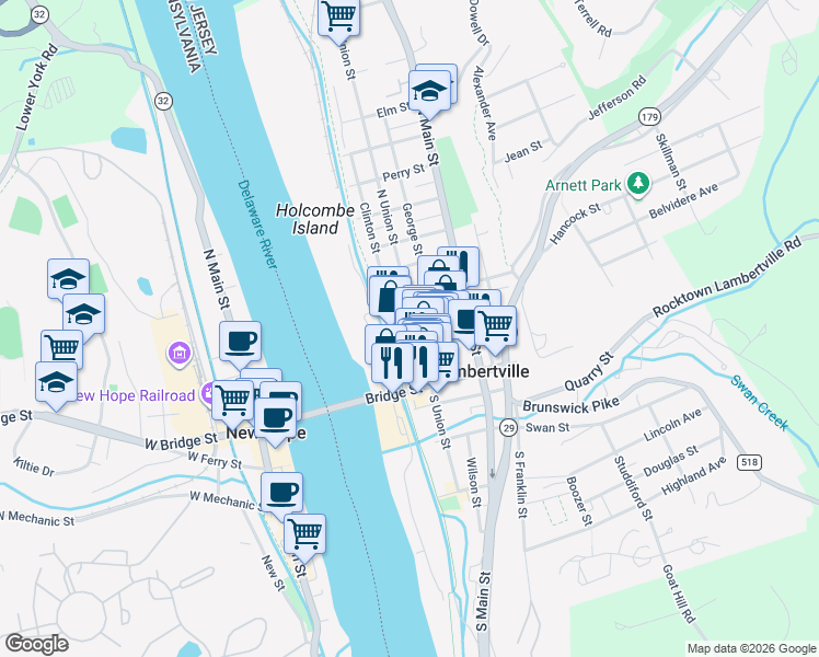 map of restaurants, bars, coffee shops, grocery stores, and more near 13 York Street in Lambertville