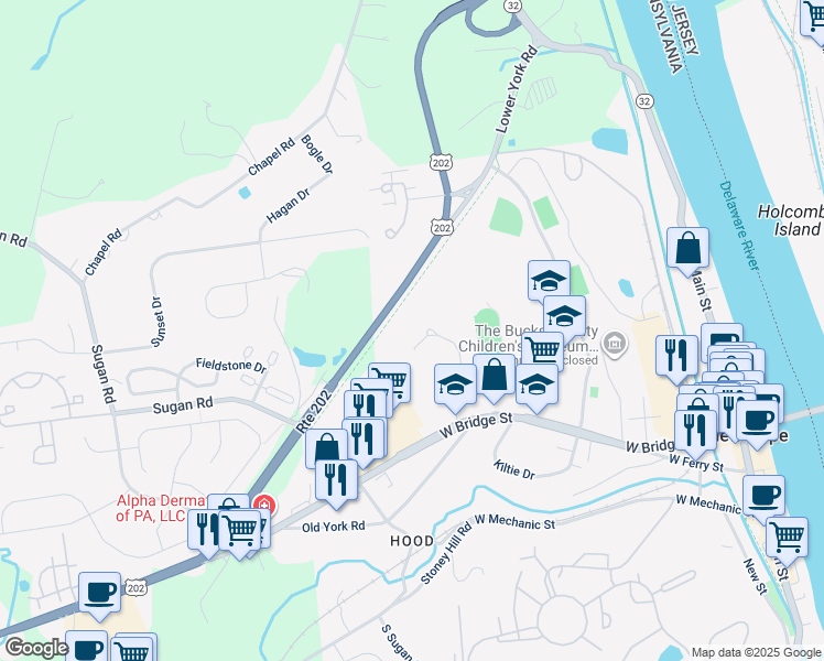 map of restaurants, bars, coffee shops, grocery stores, and more near 17 Riverstone Circle in New Hope
