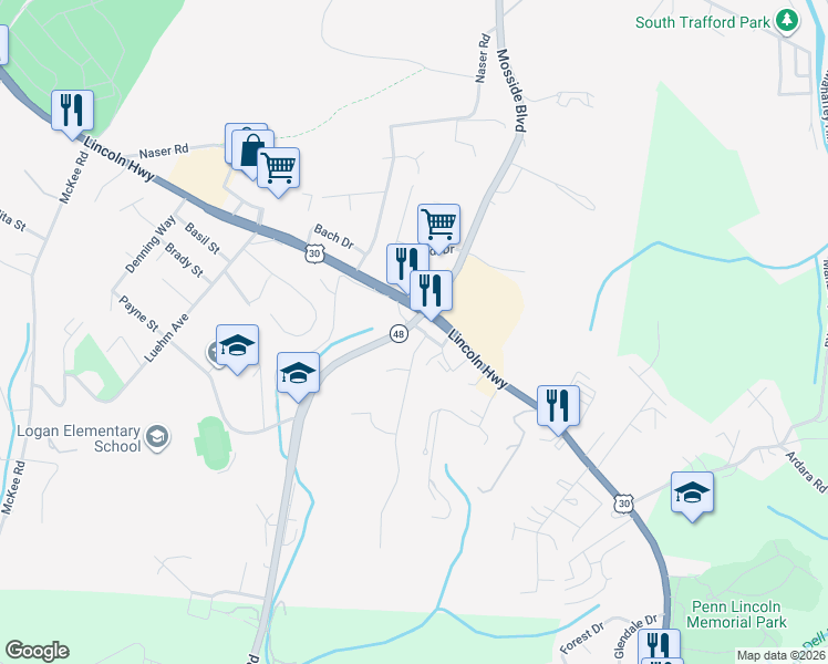 map of restaurants, bars, coffee shops, grocery stores, and more near 1826 Lincoln Highway in North Versailles