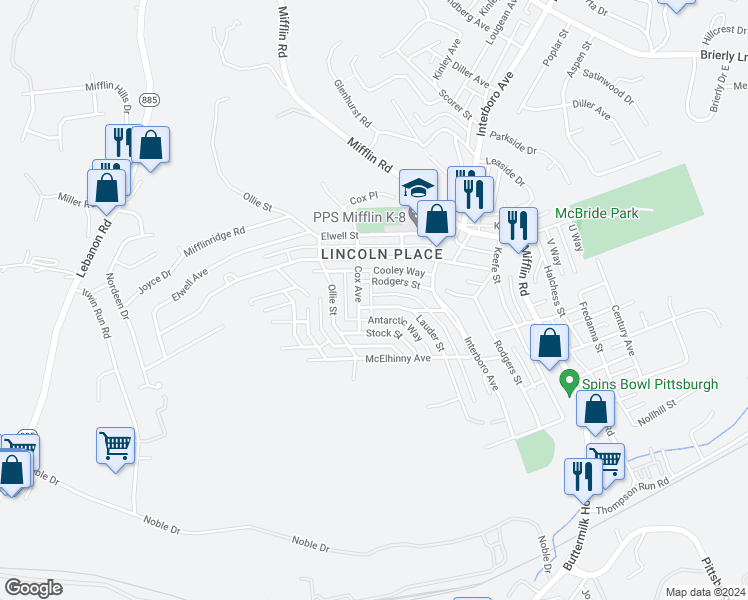map of restaurants, bars, coffee shops, grocery stores, and more near 1109 Rodgers Street in Pittsburgh
