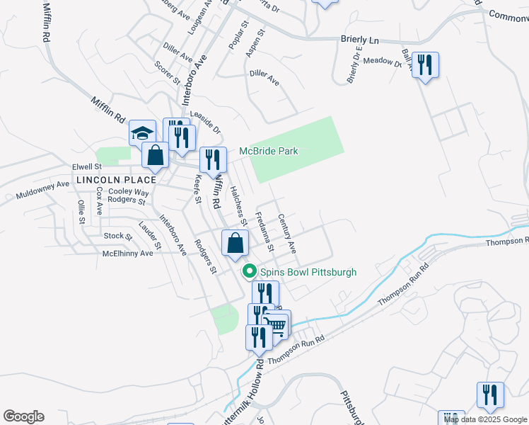 map of restaurants, bars, coffee shops, grocery stores, and more near 1701 West Way in Pittsburgh