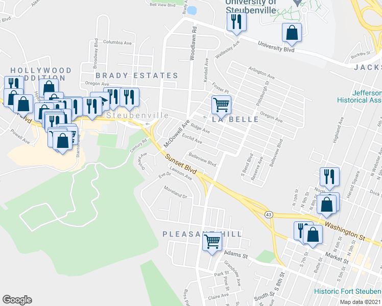 map of restaurants, bars, coffee shops, grocery stores, and more near 228 Ohio Street in Steubenville