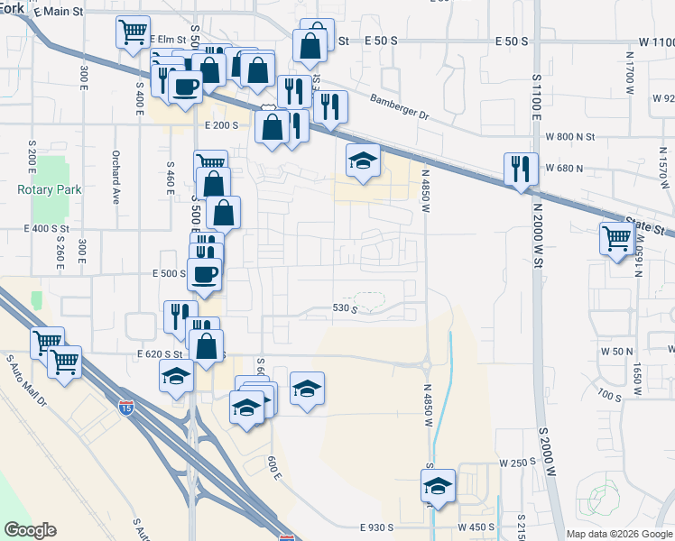 map of restaurants, bars, coffee shops, grocery stores, and more near 748 480 South in American Fork