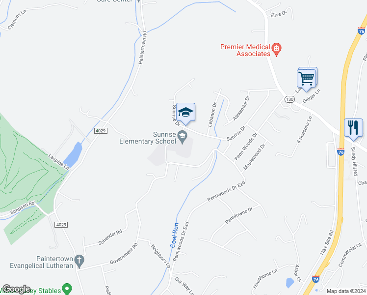 map of restaurants, bars, coffee shops, grocery stores, and more near 171 Sunrise Drive in Irwin
