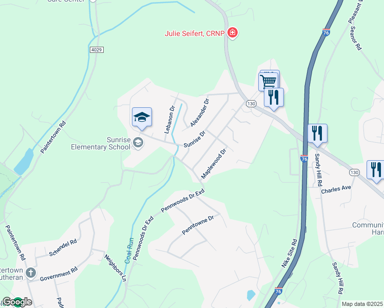 map of restaurants, bars, coffee shops, grocery stores, and more near 133 Sunrise Drive in Irwin