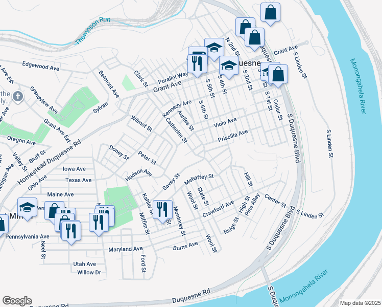 map of restaurants, bars, coffee shops, grocery stores, and more near 600 Catherine Street in Duquesne