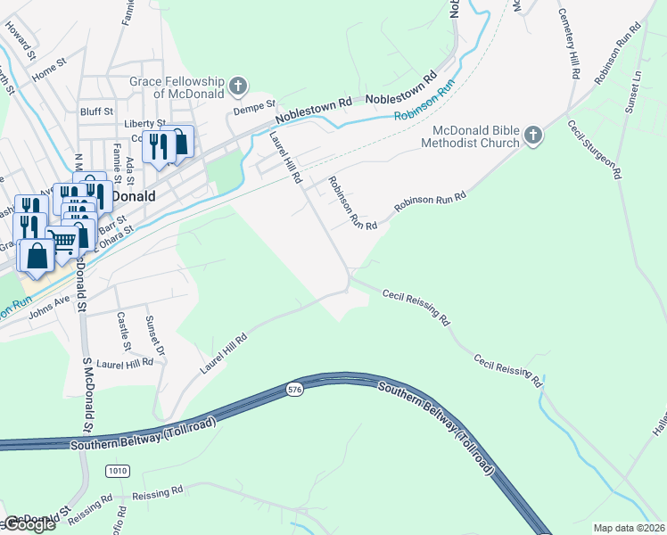 map of restaurants, bars, coffee shops, grocery stores, and more near 1243 Laurel Hill Road in McDonald