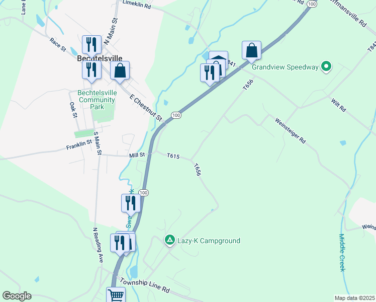 map of restaurants, bars, coffee shops, grocery stores, and more near 20 Bauer Lane in Bechtelsville