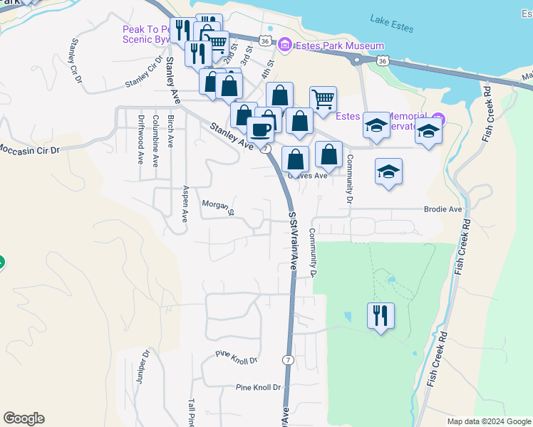 map of restaurants, bars, coffee shops, grocery stores, and more near 1063 Morgan Street in Estes Park