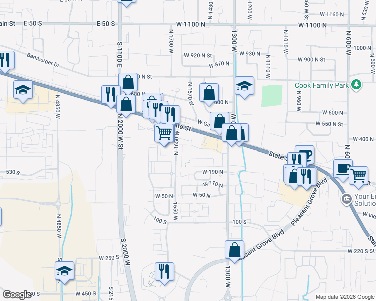 map of restaurants, bars, coffee shops, grocery stores, and more near 295 North 1580 in Pleasant Grove