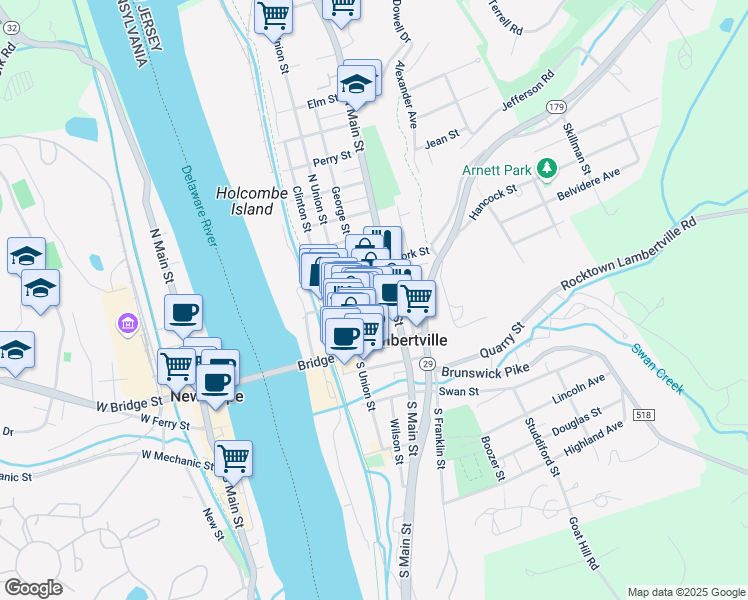 map of restaurants, bars, coffee shops, grocery stores, and more near 54 George Street in Lambertville