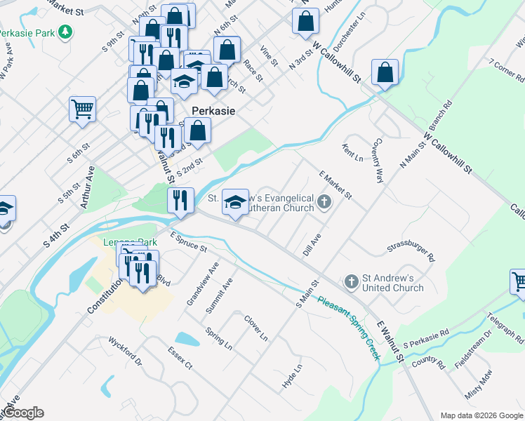 map of restaurants, bars, coffee shops, grocery stores, and more near 38 Fairview Avenue in Perkasie