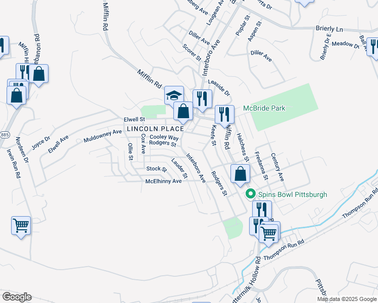 map of restaurants, bars, coffee shops, grocery stores, and more near 1307 Rodgers Street in Pittsburgh