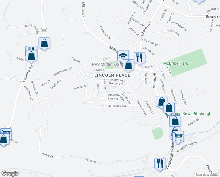 map of restaurants, bars, coffee shops, grocery stores, and more near 1109 Rodgers Street in Pittsburgh