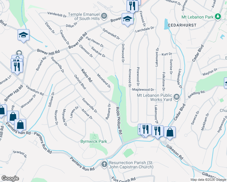 map of restaurants, bars, coffee shops, grocery stores, and more near 669 Moreland Drive in Pittsburgh