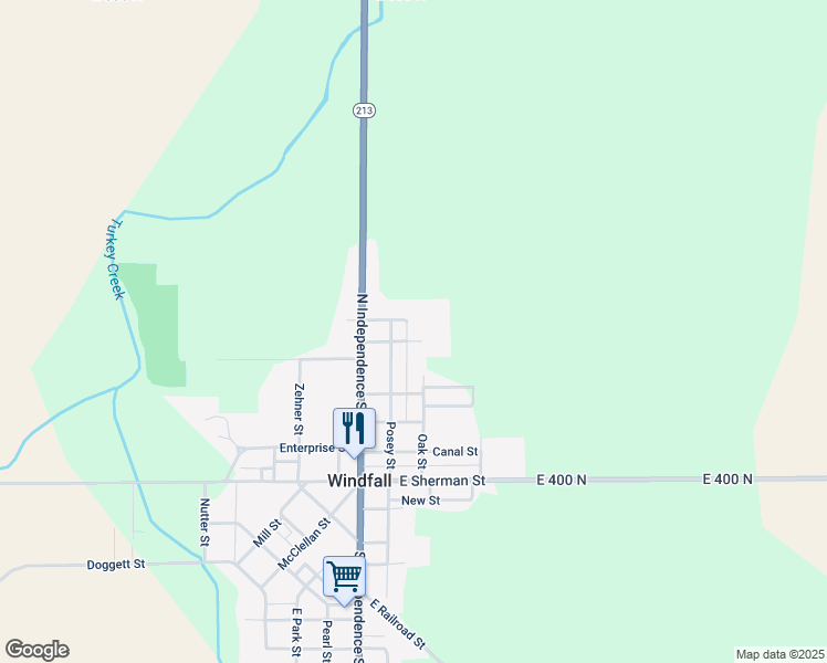 map of restaurants, bars, coffee shops, grocery stores, and more near 609 Posey Street in Windfall