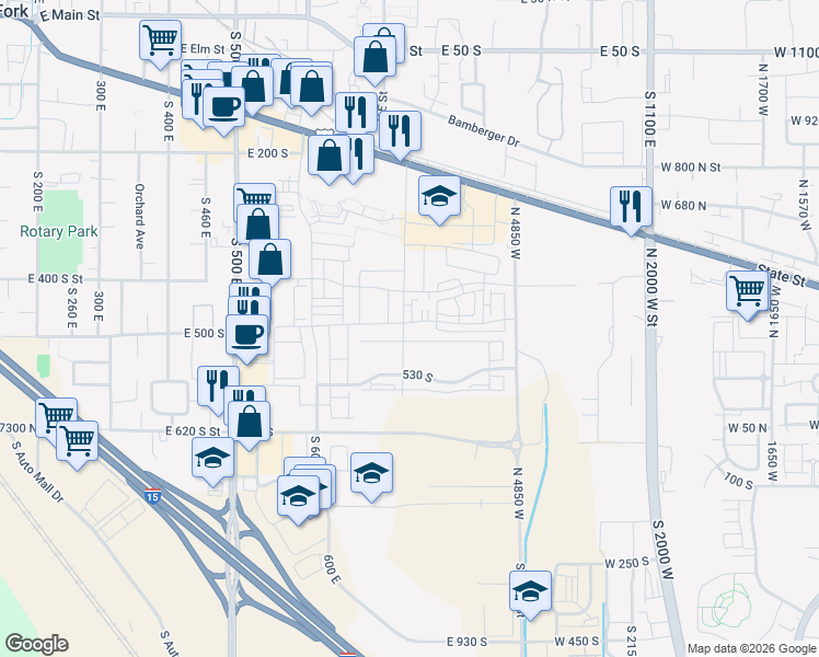 map of restaurants, bars, coffee shops, grocery stores, and more near 748 480 South in American Fork