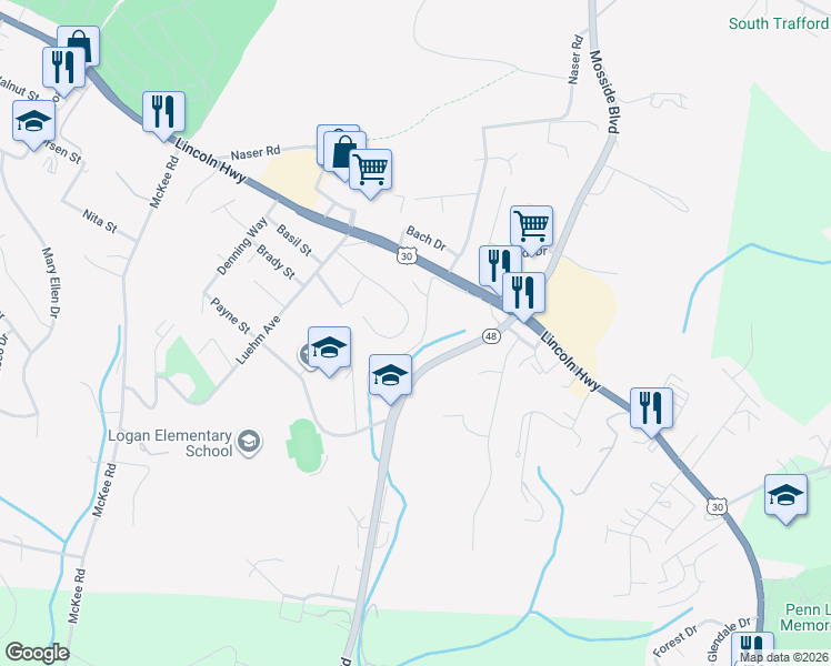 map of restaurants, bars, coffee shops, grocery stores, and more near 1807 Howell Street in North Versailles
