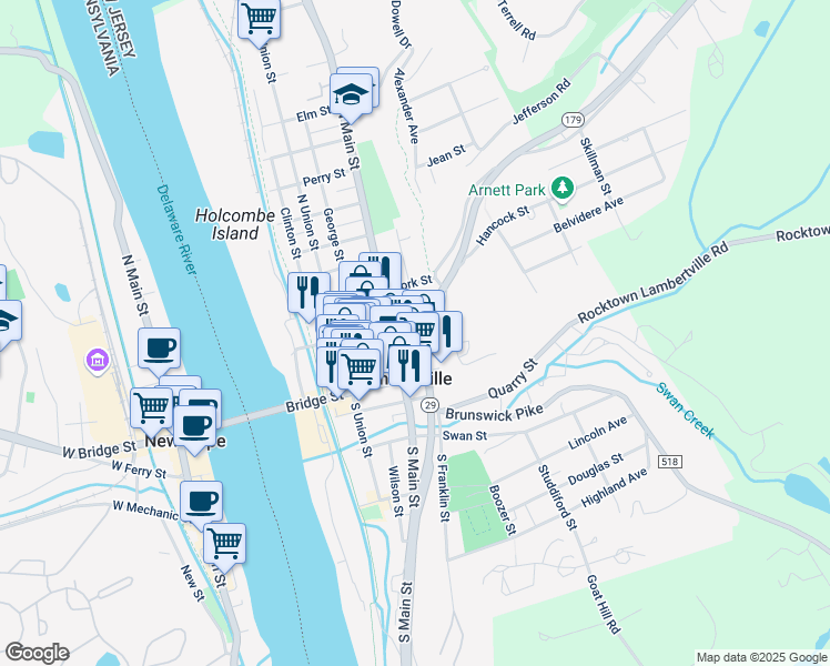 map of restaurants, bars, coffee shops, grocery stores, and more near 66 Church Street in Lambertville