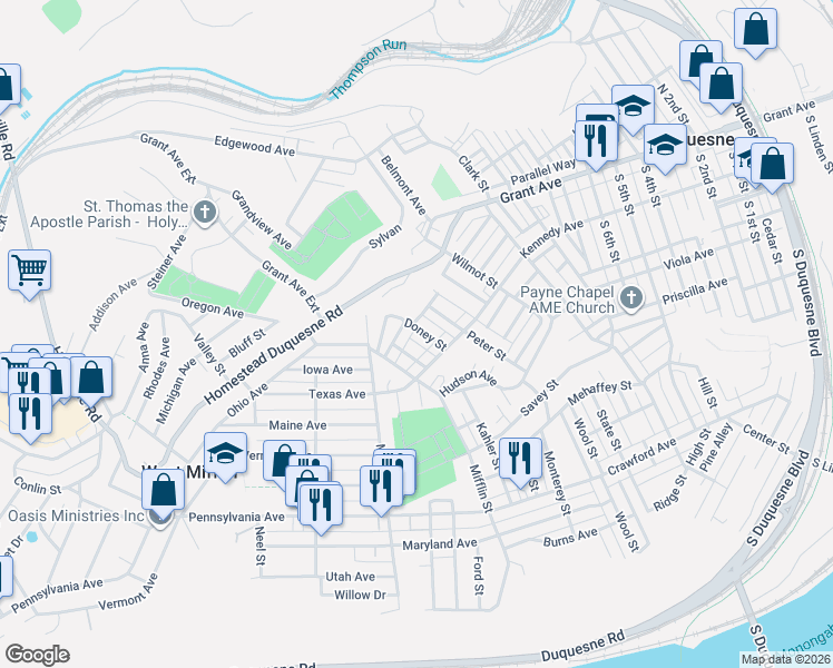 map of restaurants, bars, coffee shops, grocery stores, and more near 106 Peter Street in Duquesne