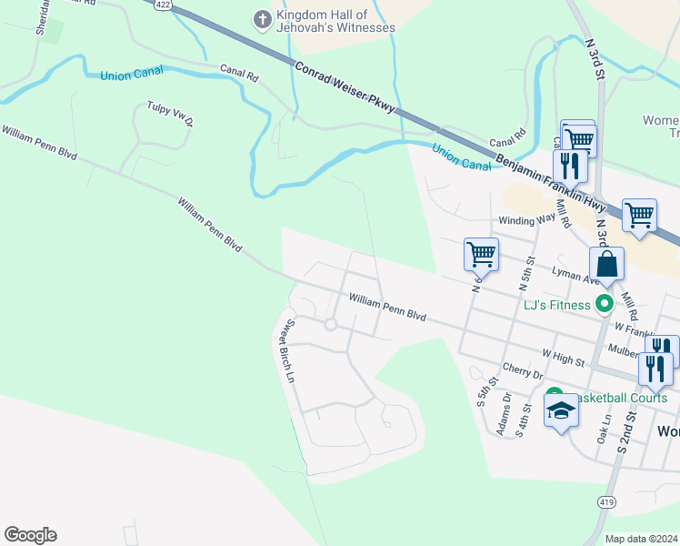map of restaurants, bars, coffee shops, grocery stores, and more near 12 Radcliff Road in Womelsdorf