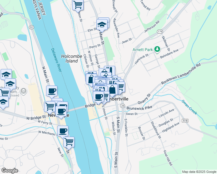 map of restaurants, bars, coffee shops, grocery stores, and more near 54 George Street in Lambertville