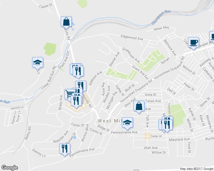 map of restaurants, bars, coffee shops, grocery stores, and more near 404 Rhodes Avenue in West Mifflin