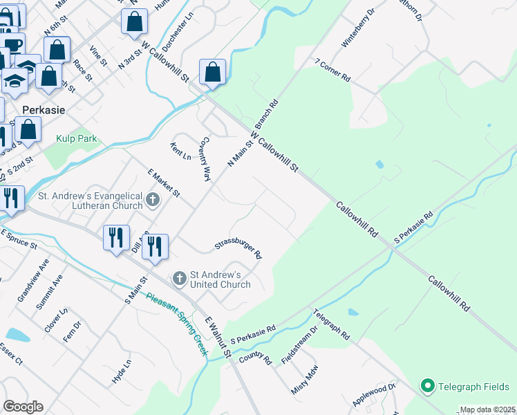 map of restaurants, bars, coffee shops, grocery stores, and more near 318 Connor Lane in Perkasie
