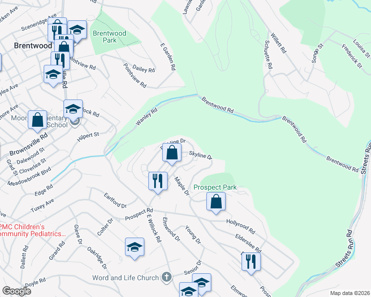 map of restaurants, bars, coffee shops, grocery stores, and more near 1691 Skyline Drive in Pittsburgh