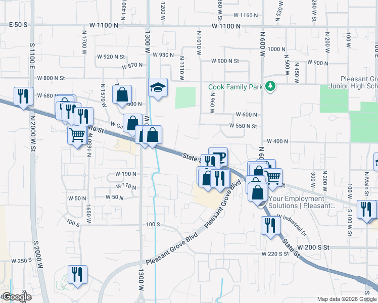 map of restaurants, bars, coffee shops, grocery stores, and more near 1052 West State Street in Pleasant Grove