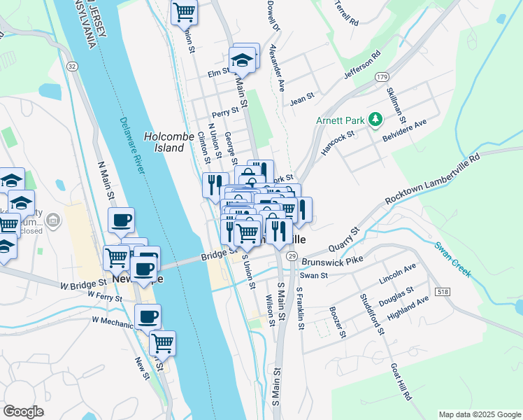map of restaurants, bars, coffee shops, grocery stores, and more near 67 Coryell Street in Lambertville