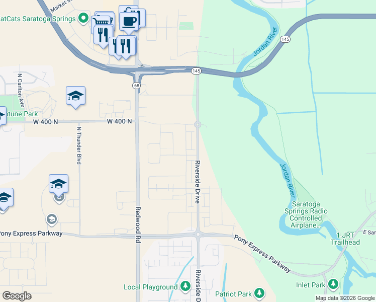 map of restaurants, bars, coffee shops, grocery stores, and more near 7916-8536 N Redwood Rd in Saratoga Springs