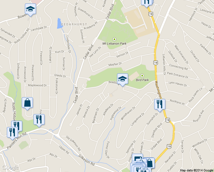 map of restaurants, bars, coffee shops, grocery stores, and more near 23 Seneca Drive in Pittsburgh