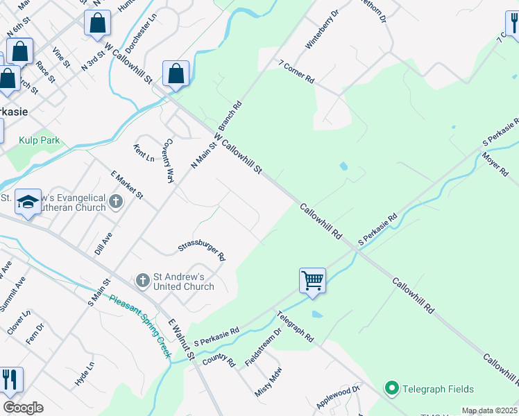 map of restaurants, bars, coffee shops, grocery stores, and more near 425 Juliana Way in Perkasie