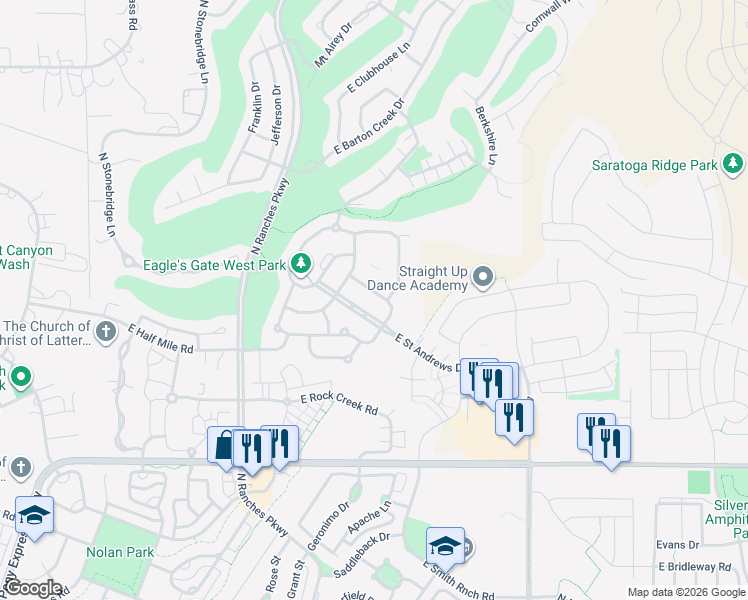 map of restaurants, bars, coffee shops, grocery stores, and more near 3821 Rose Hearty Lane in Eagle Mountain