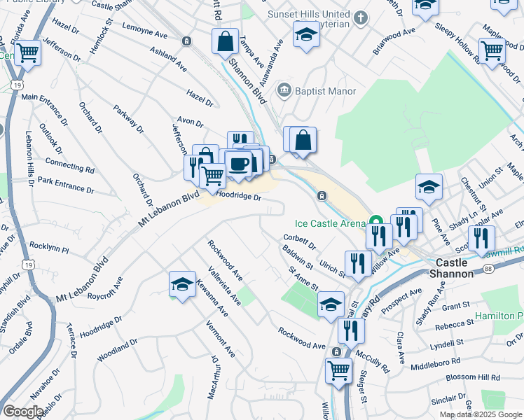 map of restaurants, bars, coffee shops, grocery stores, and more near 417 Hoodridge Drive in Castle Shannon
