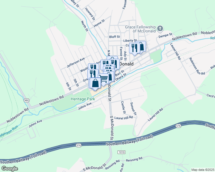 map of restaurants, bars, coffee shops, grocery stores, and more near 120 South McDonald Street in McDonald