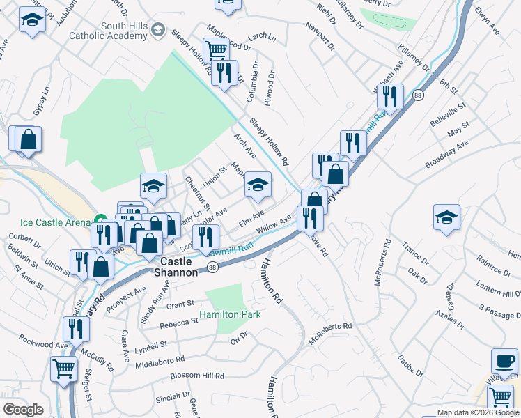 map of restaurants, bars, coffee shops, grocery stores, and more near 3526 Elm Avenue in Pittsburgh