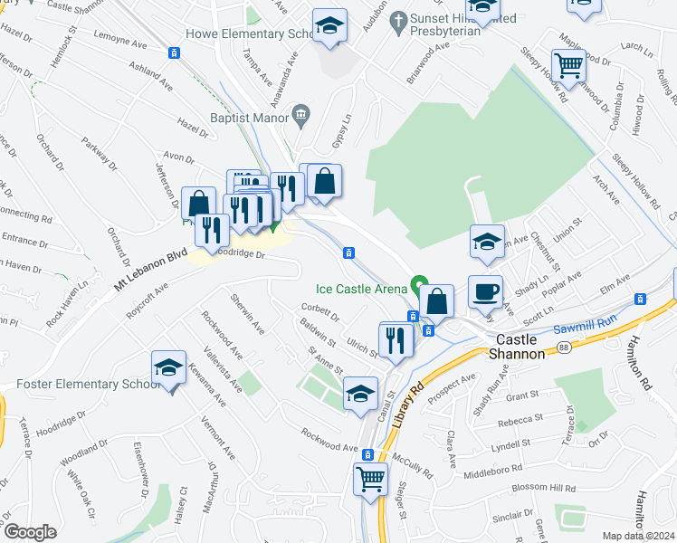 map of restaurants, bars, coffee shops, grocery stores, and more near 798 Cooke Drive in Pittsburgh
