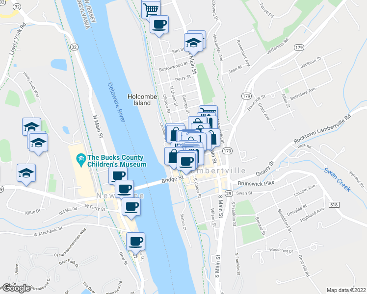 map of restaurants, bars, coffee shops, grocery stores, and more near 51 North Union Street in Lambertville